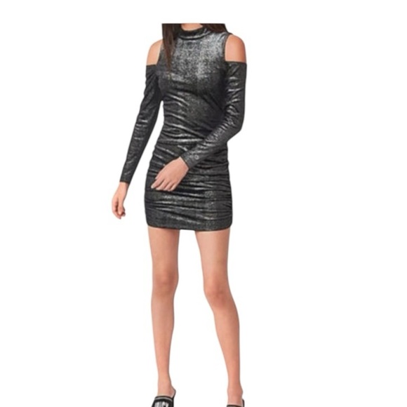 Juicy Couture Black Metallic Dress Mini Cold Shoulder Long Sleeve Scrunchie M - Picture 1 of 8